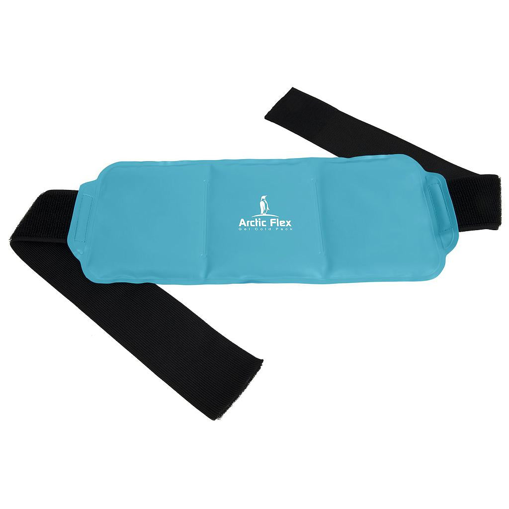 Blue ice pack with black strap on a white background