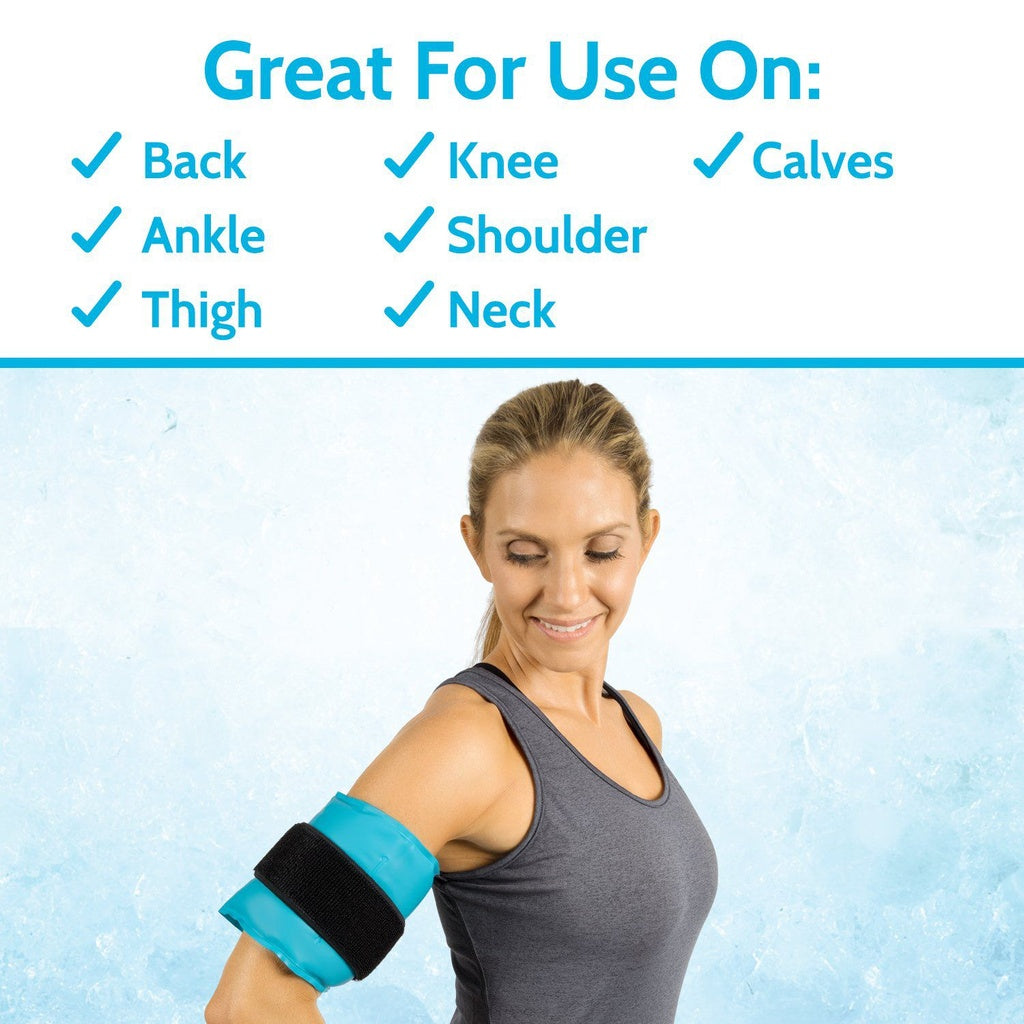 Woman wearing a blue arm brace with text indicating its uses on various parts of the body against a light blue background.