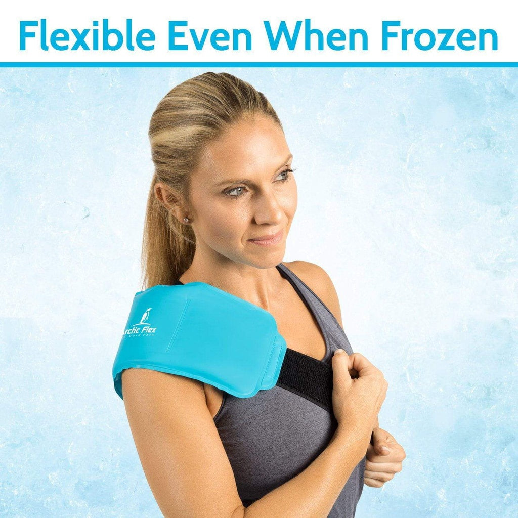 Woman wearing a blue Arctic Flex product on her shoulder against a light blue background with text 'Flexible Even When Frozen'.
