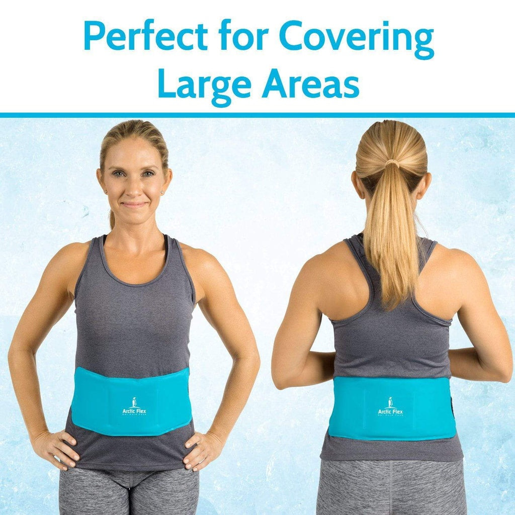Woman wearing a blue waist support belt with text 'Perfect for Covering Large Areas' on a light blue background.