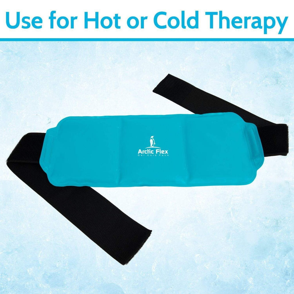 Blue ice pack with black straps on a light blue background, labeled 'Arctic Flex'.