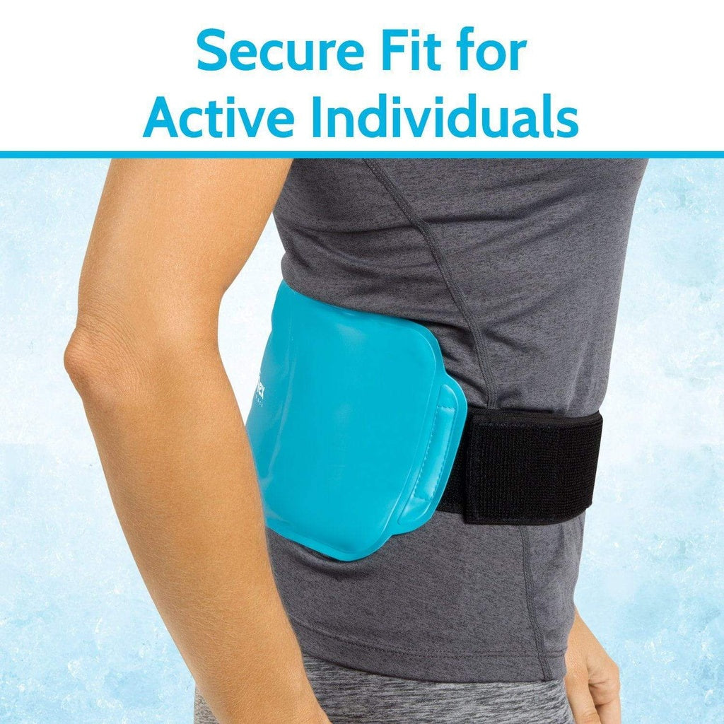 Person wearing a blue knee brace with text 'Secure Fit for Active Individuals' on a light blue background