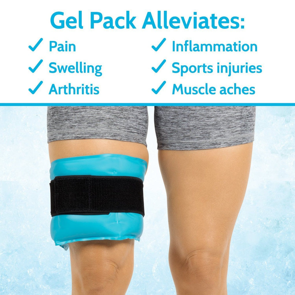 Gel pack being used on a knee with text highlighting its benefits against pain, swelling, arthritis, inflammation, sports injuries, and muscle aches.