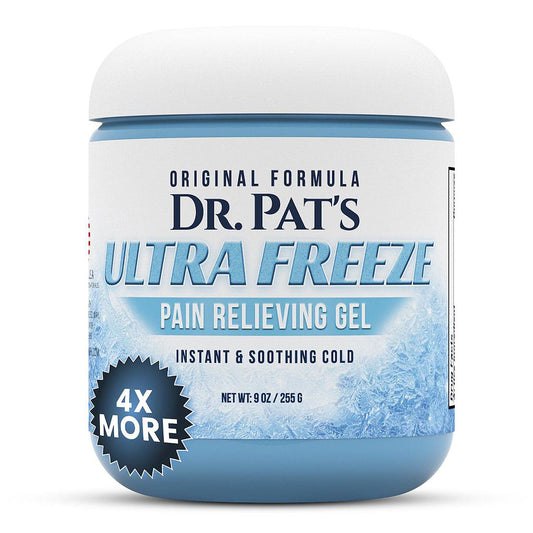 Dr. Pat's Ultra Freeze pain relieving gel jar on a white background