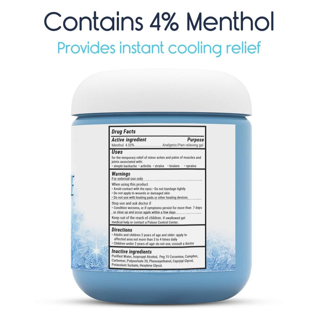 Blue jar with white lid containing menthol, labeled for instant cooling relief.