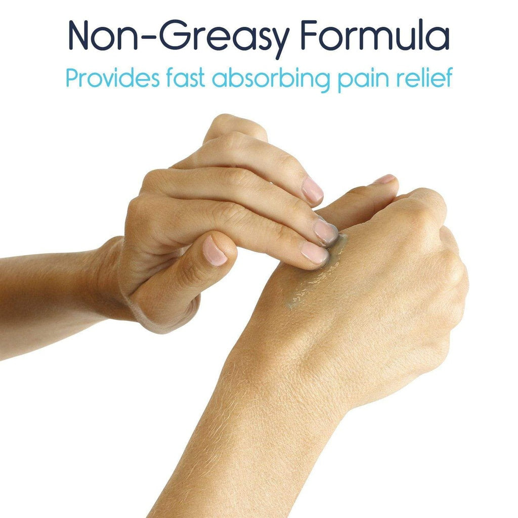 Hand applying a non-greasy formula to another hand with text about fast absorbing pain relief.