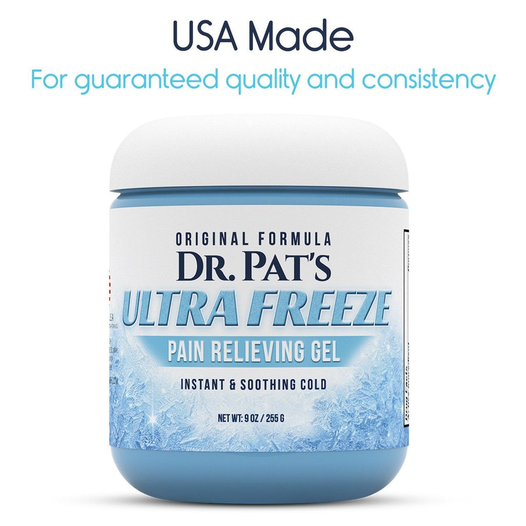 Dr. Pat's Ultra Freeze pain relieving gel container on a white background