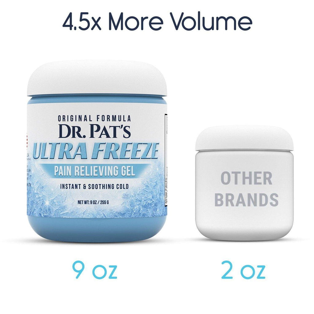 Dr. Pat's Ultra Freeze pain relieving gel container with a smaller 'Other Brands' container on a white background.