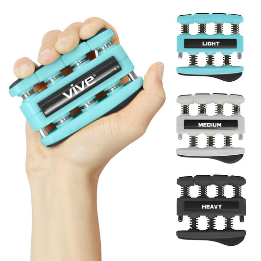 Hand using a light blue Vive finger exerciser with additional exercisers shown below on a white background.