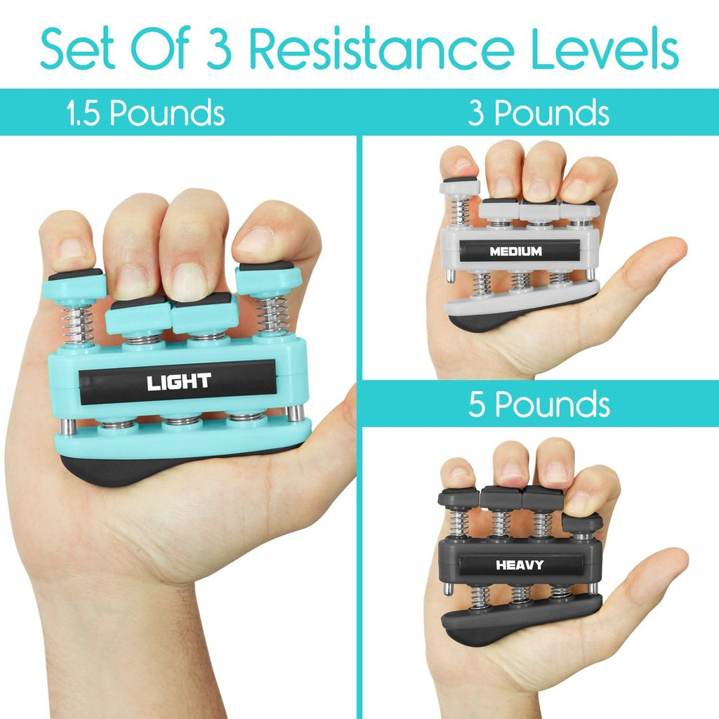 Set of three resistance level hand exercisers with labeled weights on a white background.