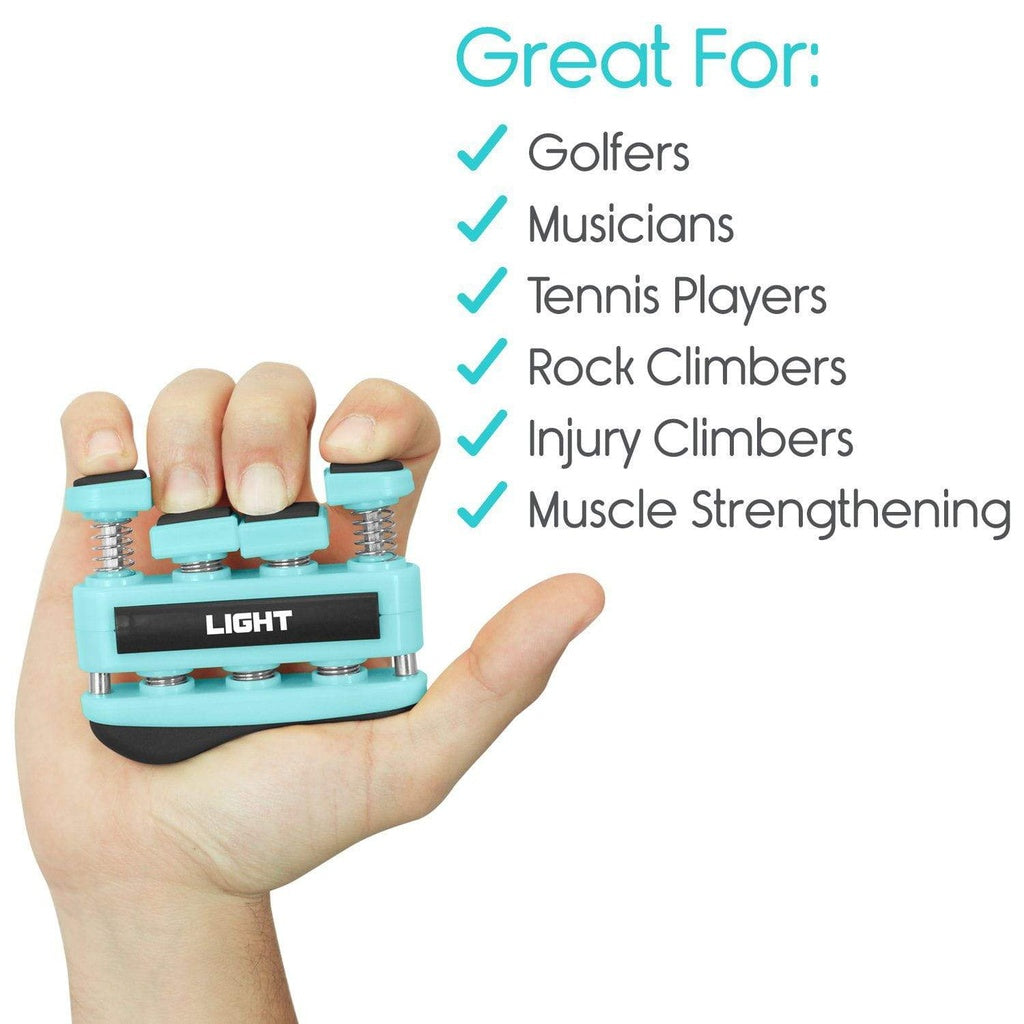 Handheld finger exerciser with text indicating uses for golfers, musicians, tennis players, rock climbers, injury climbers, and muscle strengthening.