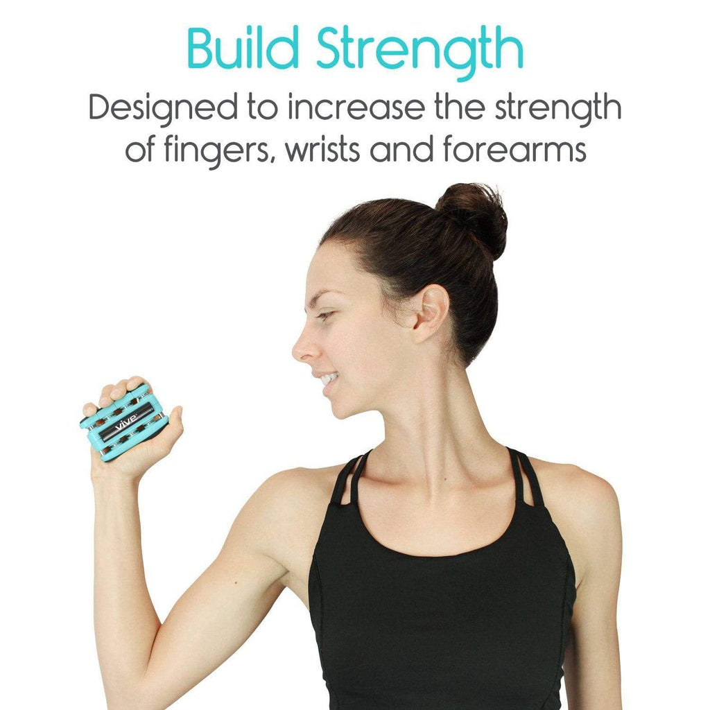 Woman holding a small blue device with text about building strength on a white background