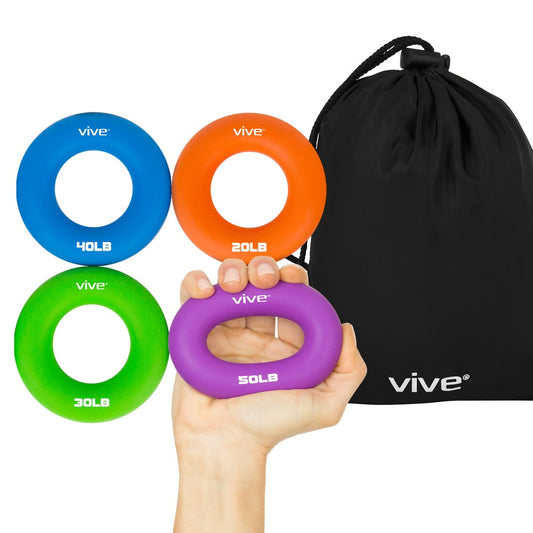 Set of Vive resistance rings in blue, orange, green, and purple with a black drawstring bag on a white background.