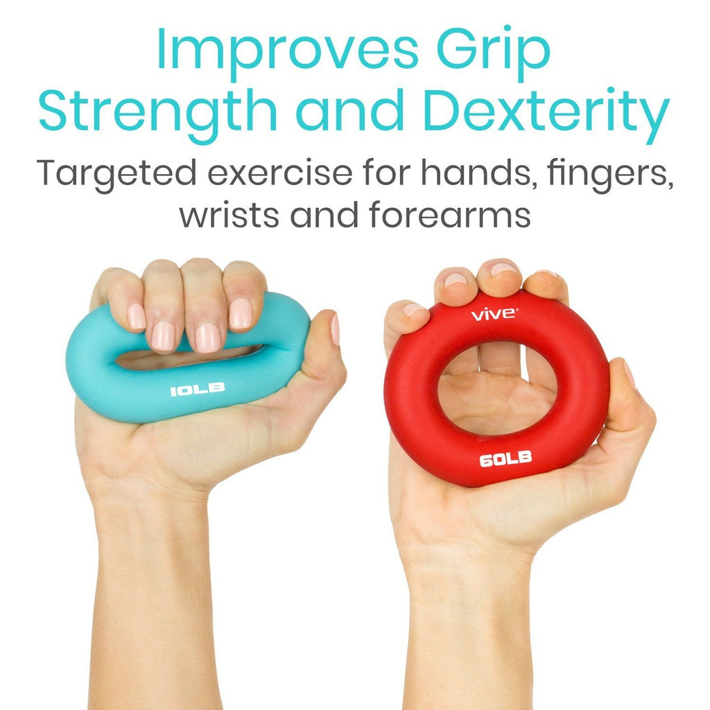 Two hands holding a blue and a red exercise device with text about improving grip strength and dexterity.