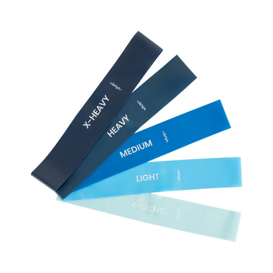 Set of resistance bands labeled X-Heavy, Heavy, Medium, Light, and X-Light on a white background.