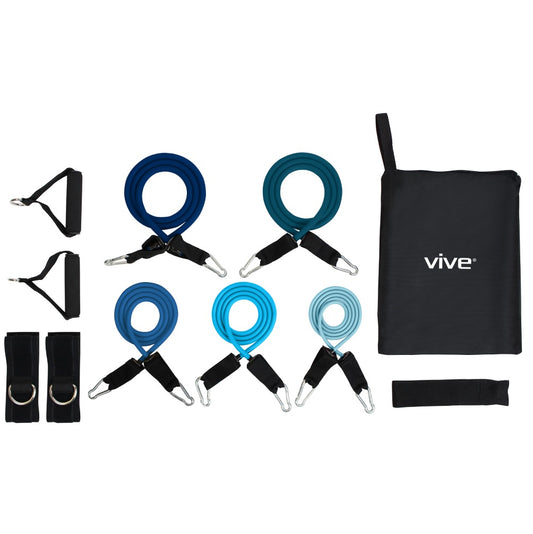 Resistance band set with black straps and blue loops on a white background, featuring the 'Vive' brand.