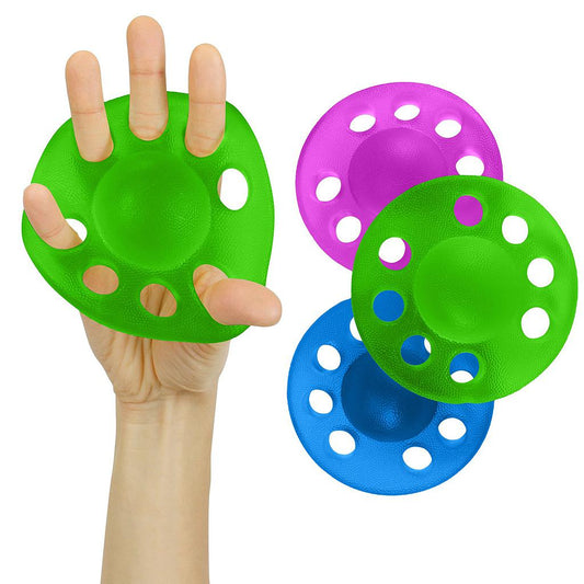 Colorful hand exercisers with a hand holding one green exerciser against a white background.