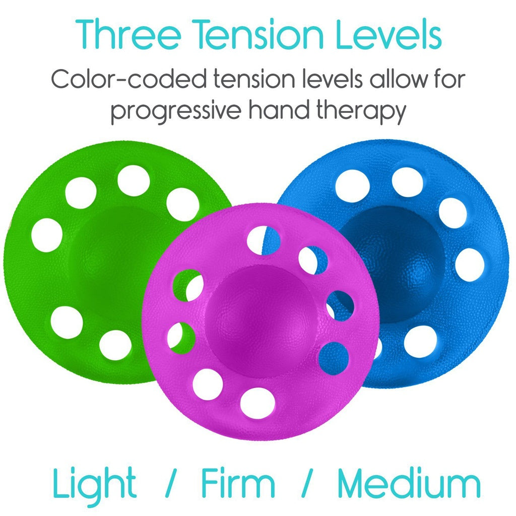Three color-coded hand therapy tools with text indicating tension levels on a white background