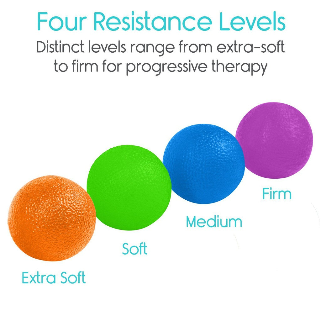 Four resistance balls labeled from Extra Soft to Firm on a white background