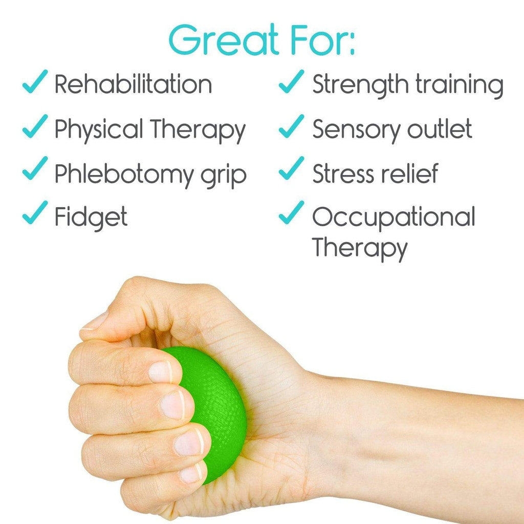 Hand holding a green stress ball with text listing uses on a white background