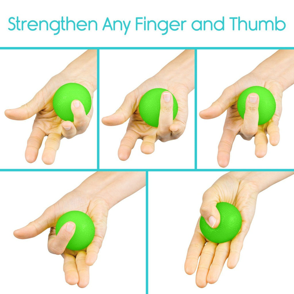 Green finger exercise ball being used to strengthen fingers and thumb with text 'Strengthen Any Finger and Thumb'.