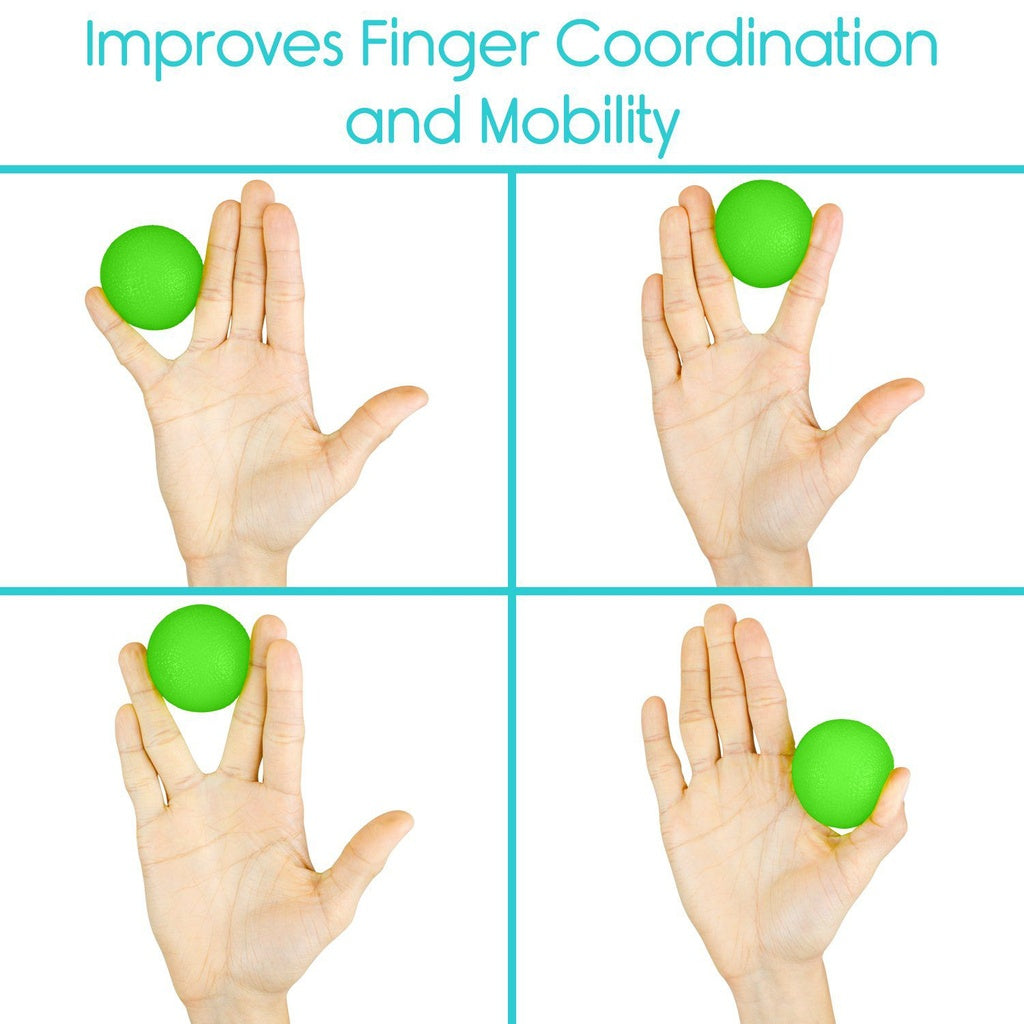 Hands holding a green ball with text 'Improves Finger Coordination and Mobility' on a white background