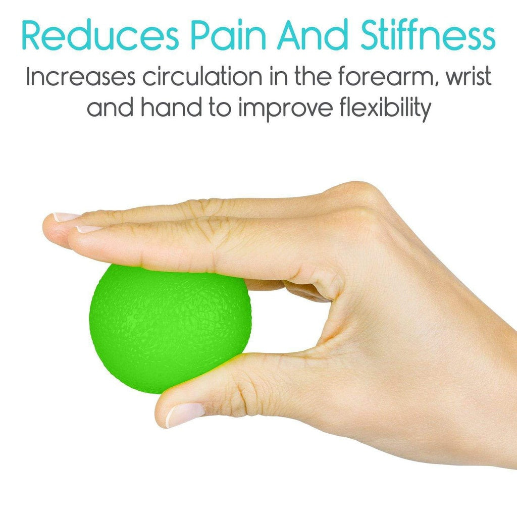 Hand holding a green ball with text about pain reduction and circulation improvement on a white background