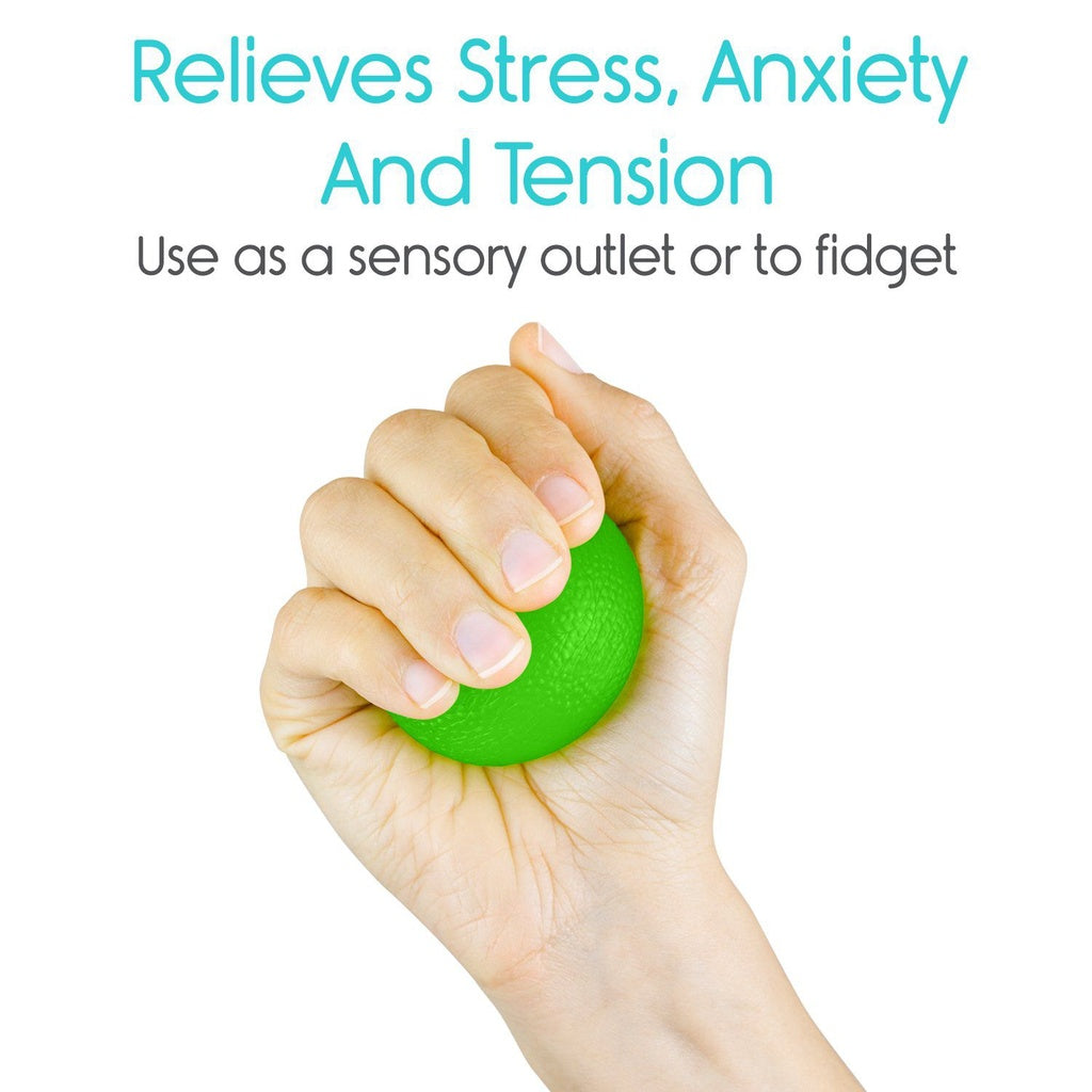 Hand holding a green stress ball with text about relieving stress, anxiety, and tension.