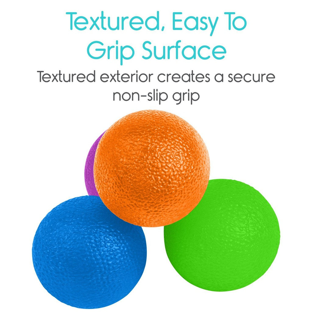 Colorful textured balls with text about a secure non-slip grip on a white background