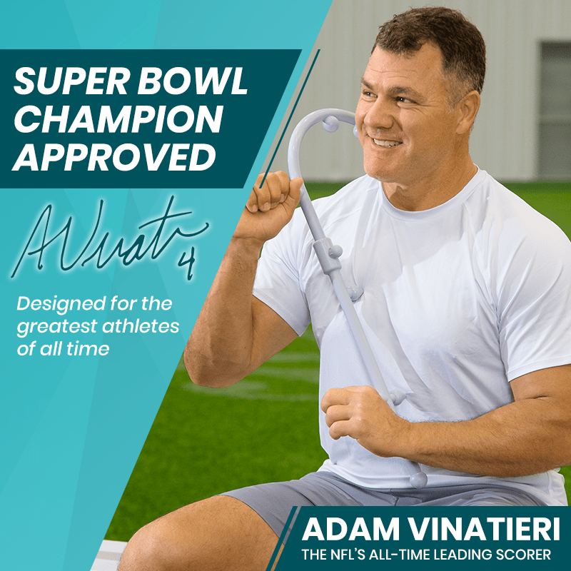 Man using a walking stick with promotional text about Super Bowl champion approval and Adam Vinatieri's endorsement.