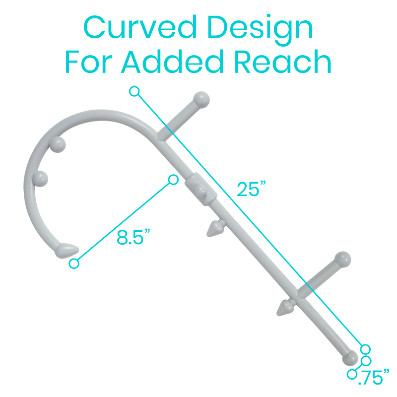 White curved shower rod with measurements on a white background