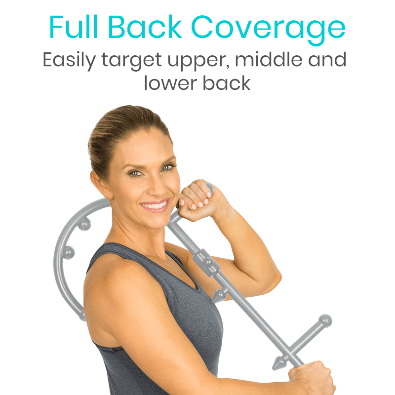 Woman using a back massager with text 'Full Back Coverage' and 'Easily target upper, middle and lower back'.