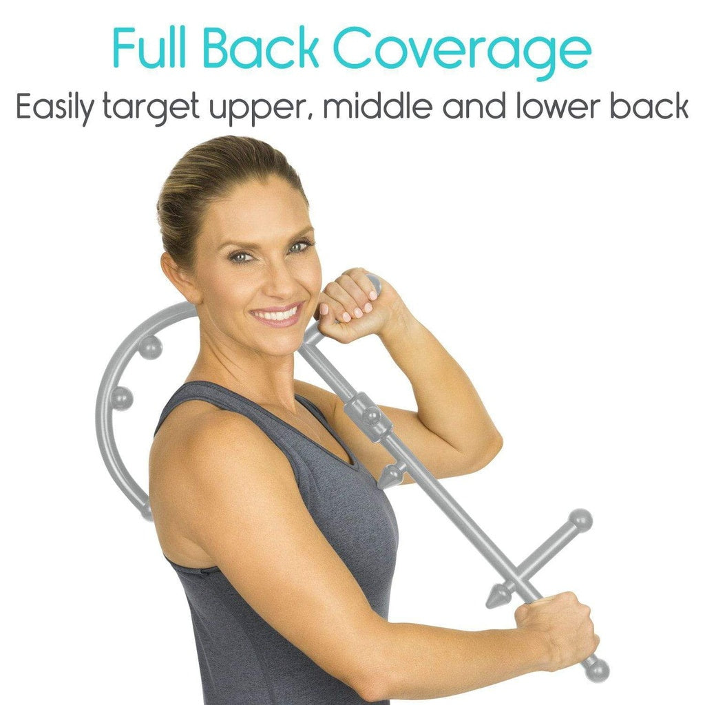 Woman using a back exercise device with text about full back coverage.