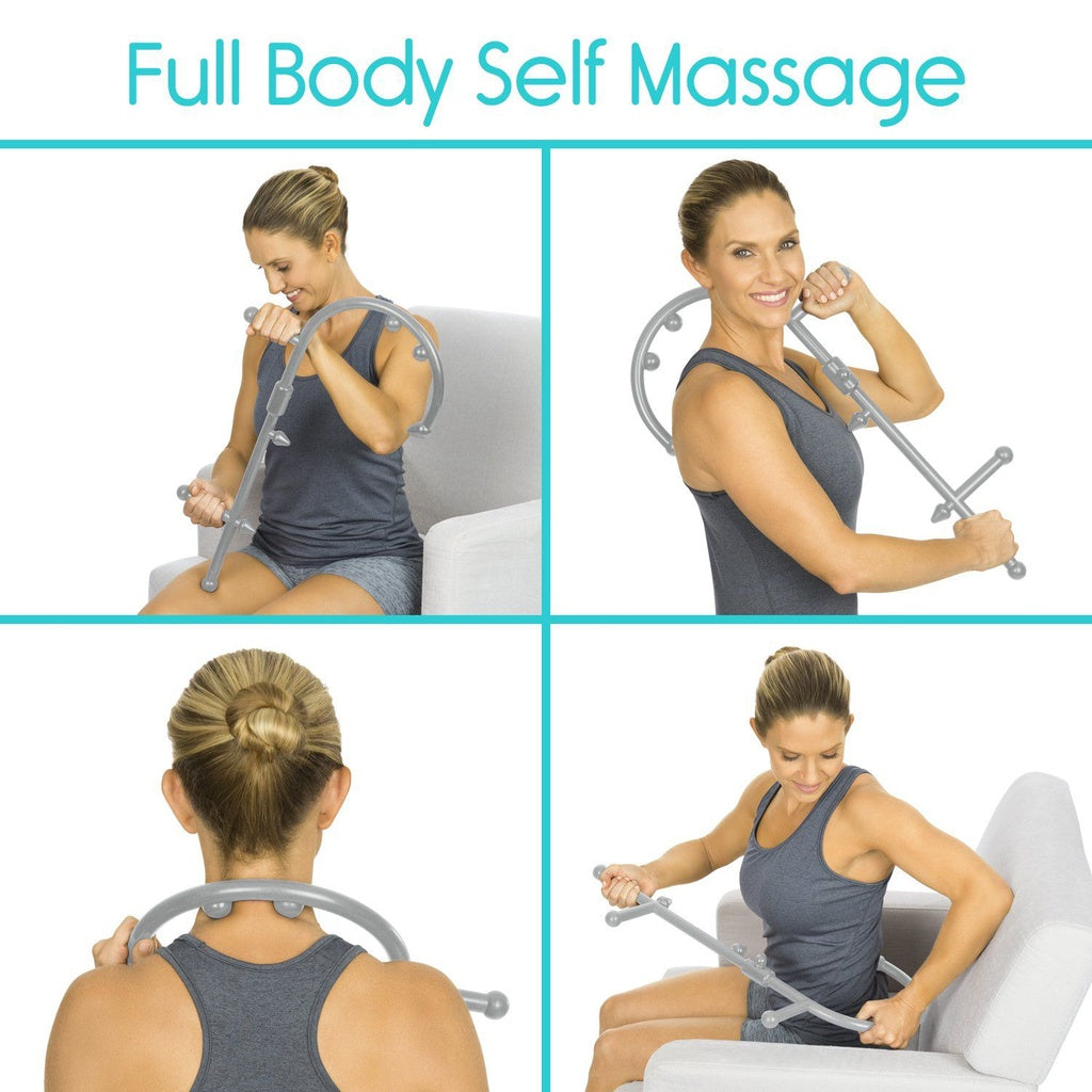 Woman using a self-massage tool for full body massage on a white background