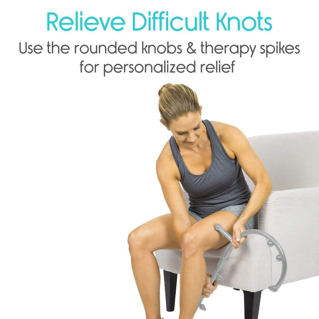 Woman using a leg massager with text on a white background