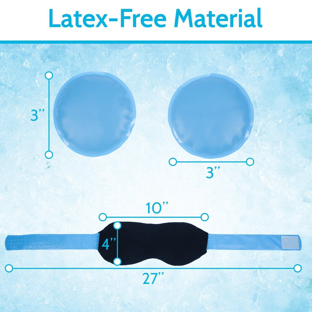 Measurement chart for blue gel pads with dimensions on a blue background