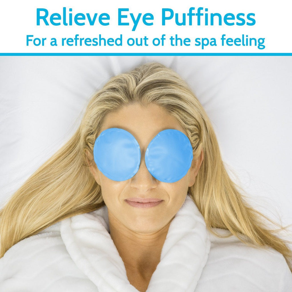 Woman wearing blue eye masks with text about relieving eye puffiness on a white background