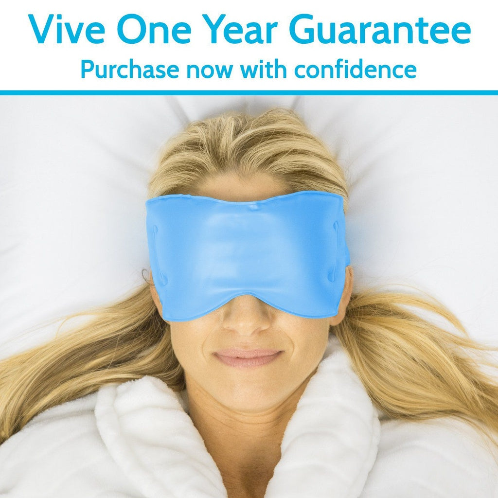 Woman wearing a blue sleep mask with 'Vive One Year Guarantee' text above her.