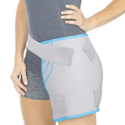 Gray compression garment with blue accents worn by a person on a white background