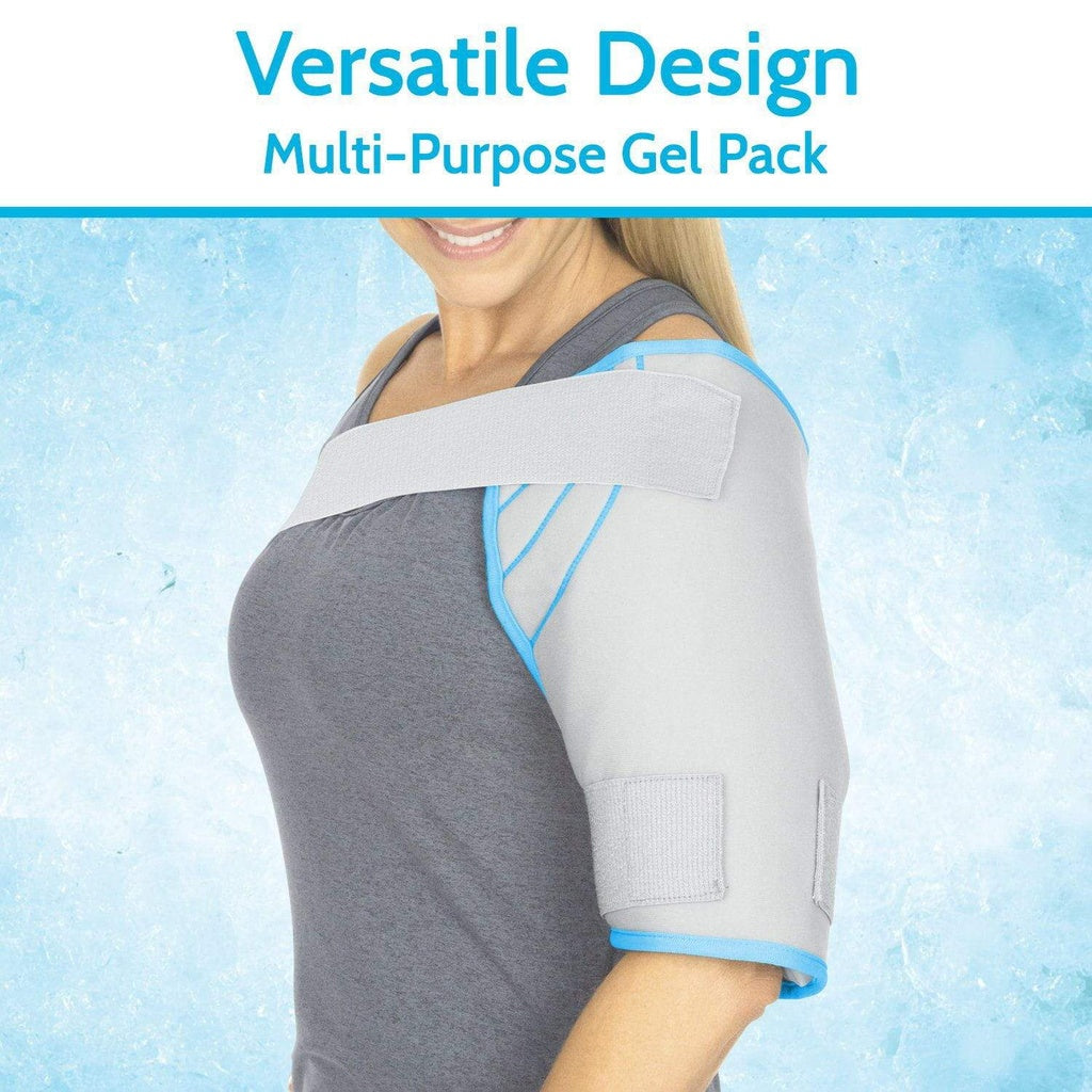 Woman wearing a gray and blue multi-purpose gel pack against a light blue background with text 'Versatile Design Multi-Purpose Gel Pack'.