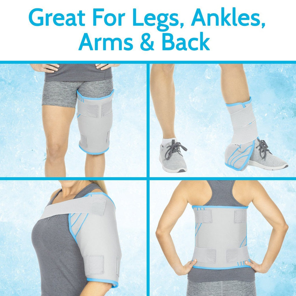 Product being worn on legs, ankles, arms, and back with text 'Great For Legs, Ankles, Arms & Back' on a blue background.