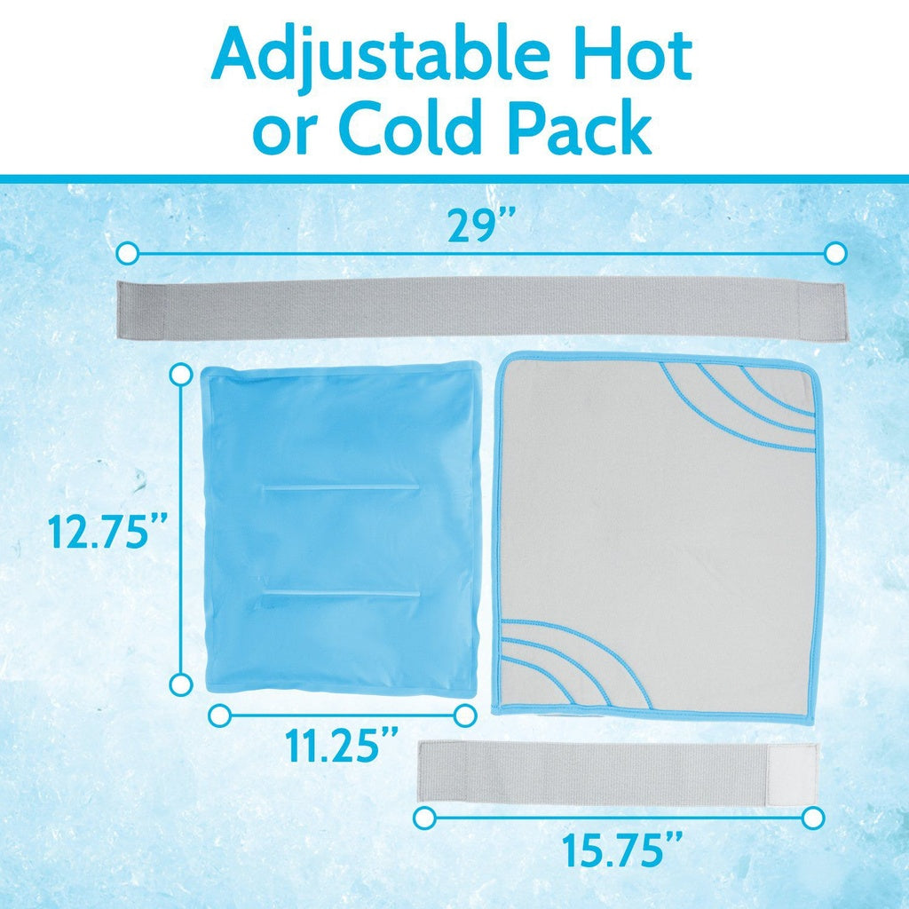 Adjustable hot or cold pack with dimensions on a blue background