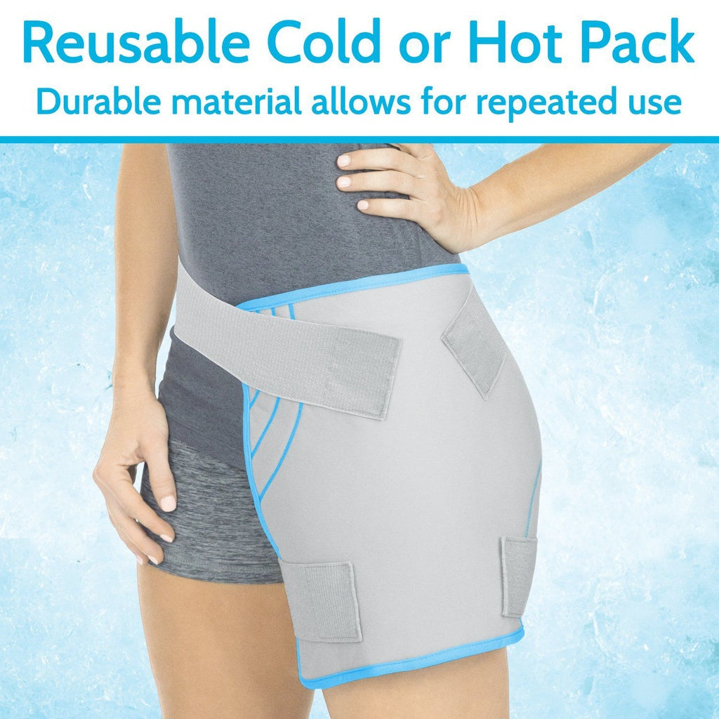 Reusable cold or hot pack worn by a person with text about durability and use.