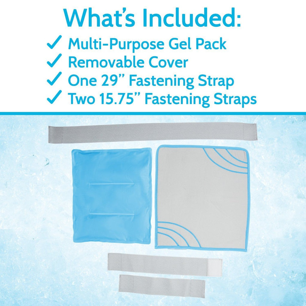 Product package with gel pack, cover, and fastening straps on a blue background