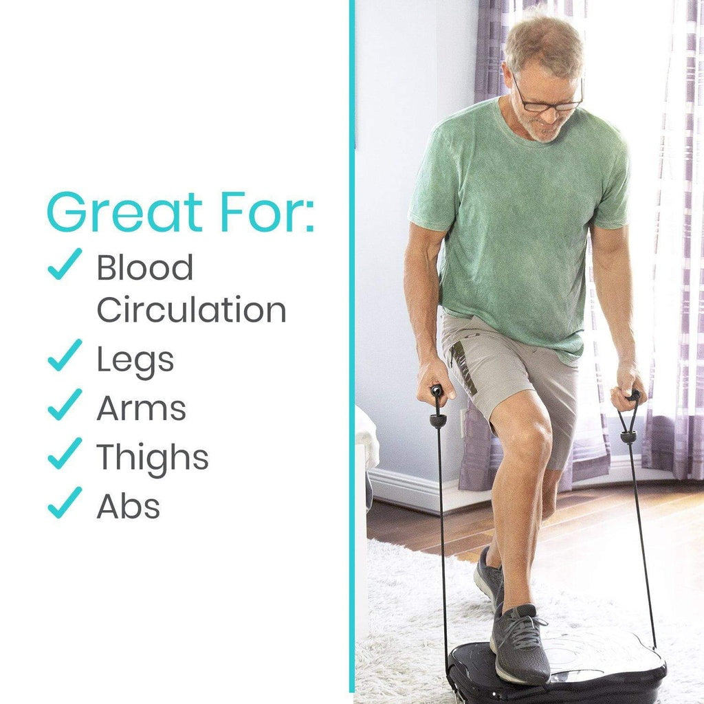 Man using a vibration plate with text highlighting benefits on a white background