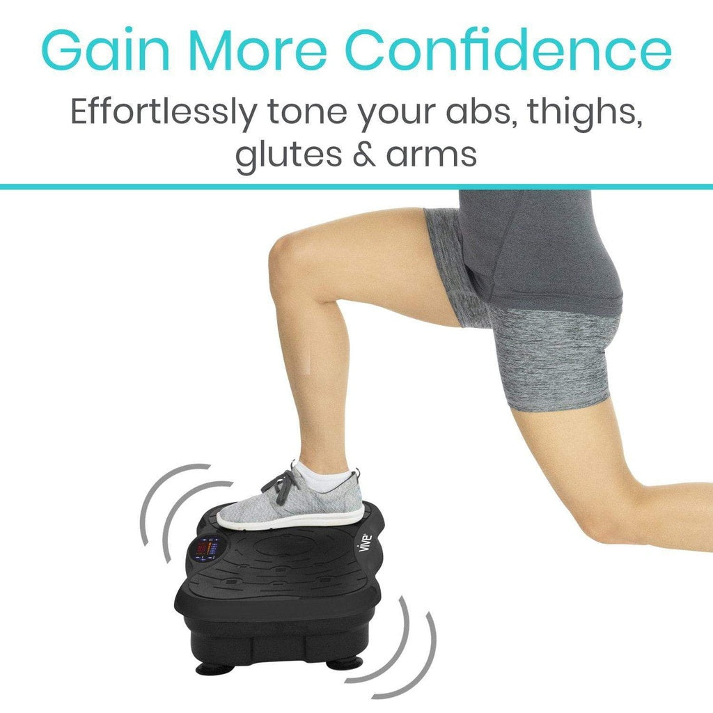 Person using a vibration machine with text promoting confidence and muscle toning.