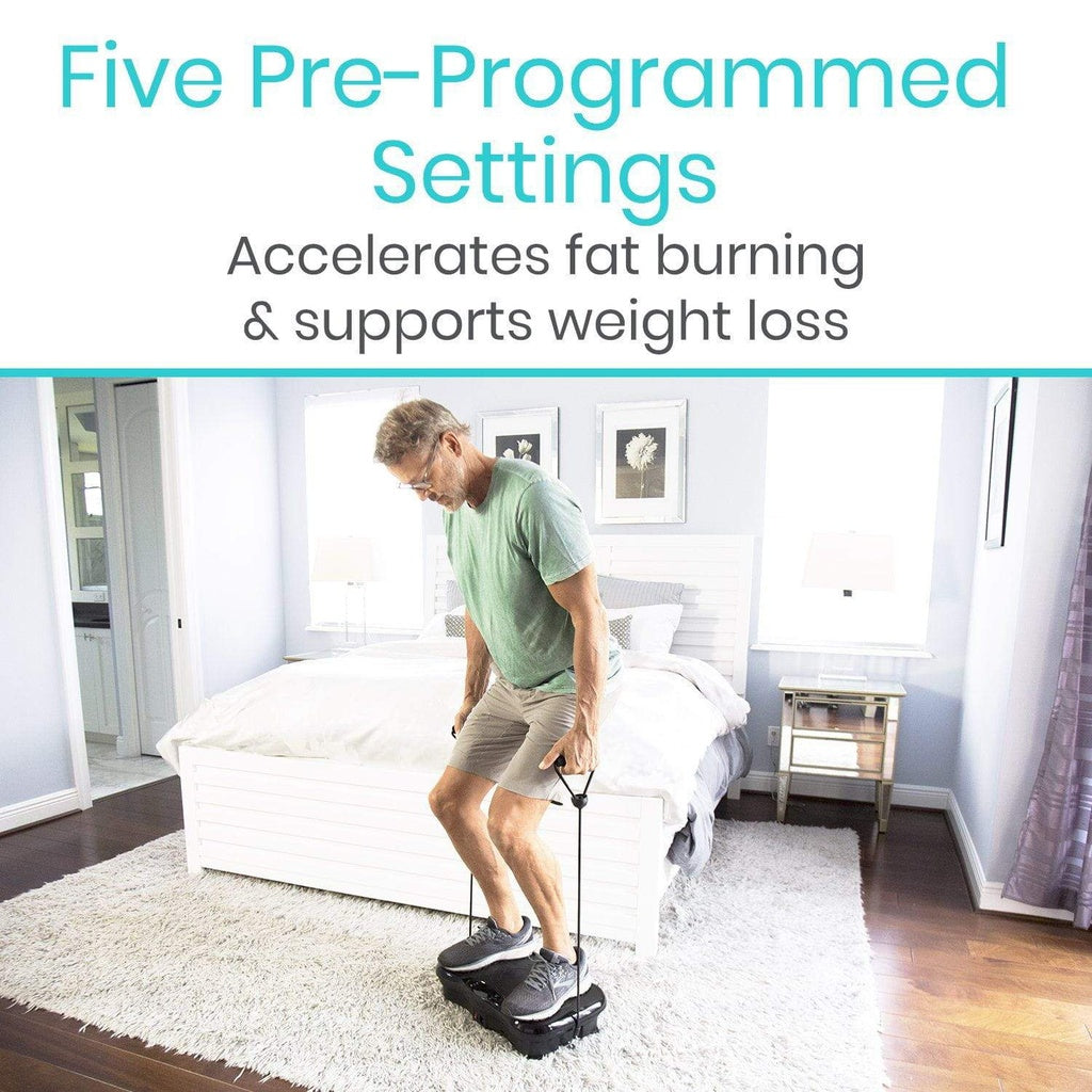 Man using a stepper in a bedroom with text about pre-programmed settings for weight loss.