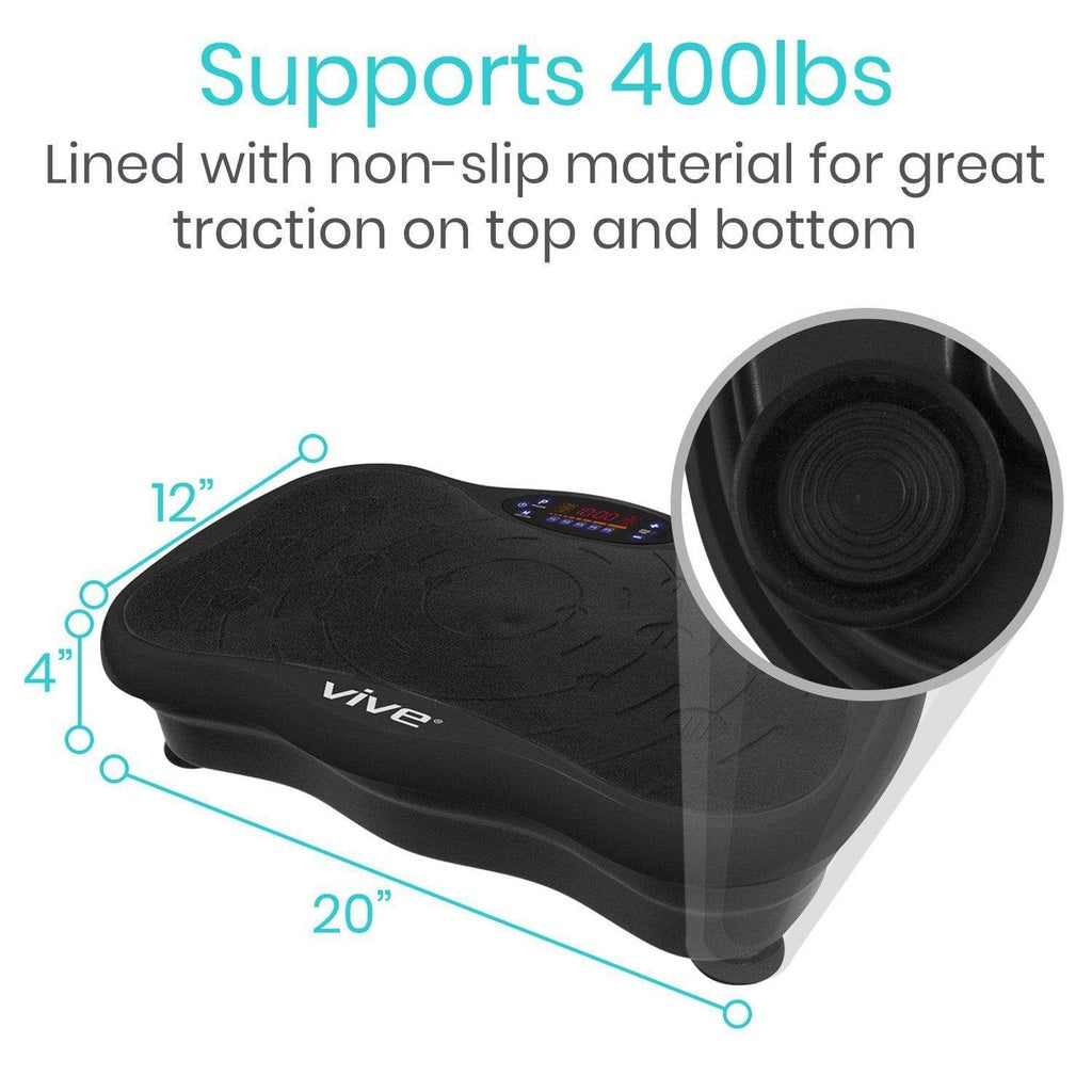 Vibration plate with dimensions and features on a white background