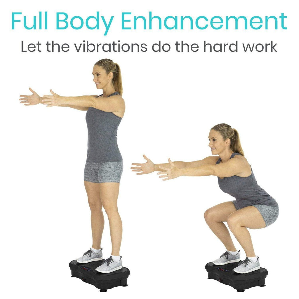 Woman using a vibration platform with text 'Full Body Enhancement' and 'Let the vibrations do the hard work'.