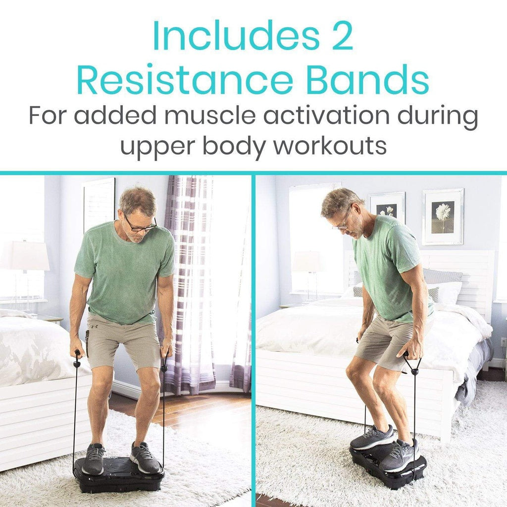 Man using resistance bands in a bedroom setting with text about resistance bands.